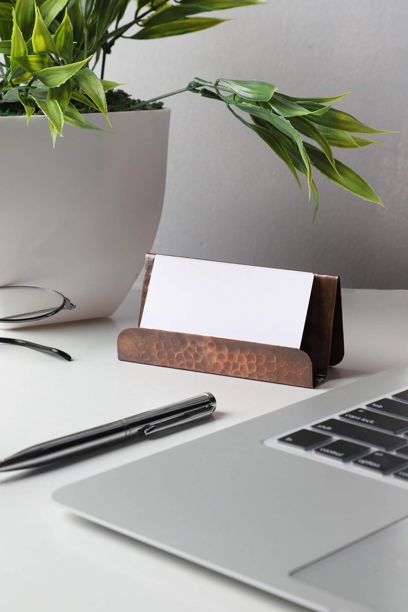 GoCraft Pure Copper Business Card Holder Stand â€“ Antique Finish, Holds 20-30 Cards, Stylish Desk Organizer for Office, Home, Professional Use, Elegant Business Card Display Holder - Image 1